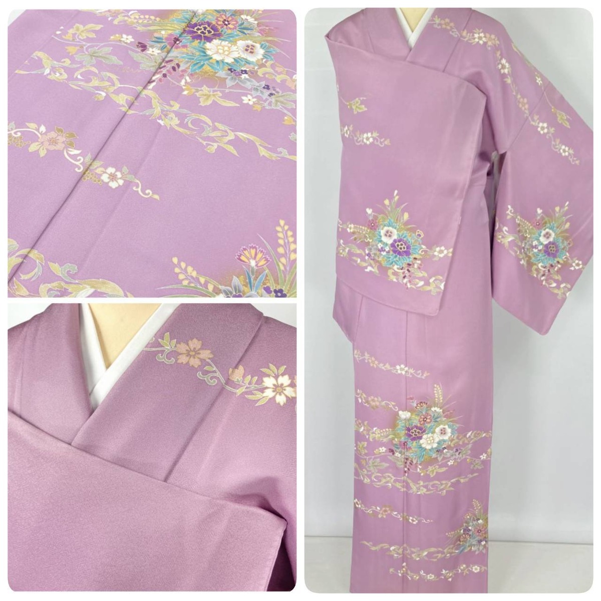 訪問着 流水に藤の花 隠せ 金駒刺繍 藍海松茶色 KK-1814 