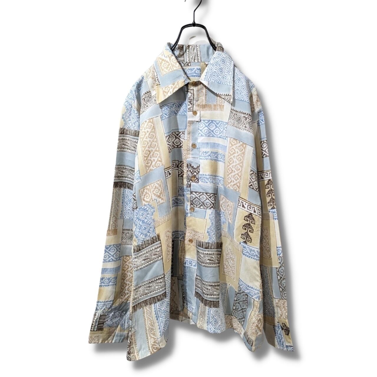 ビンテージシャツ 古着 ブルー パターンシャツ 70's BS724