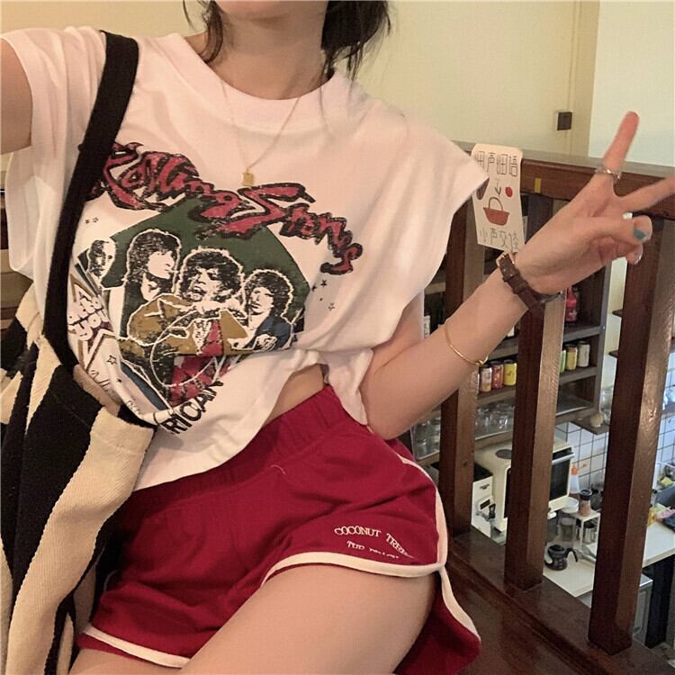 ホワイトプリント柄ルーズショートTシャツ 薄手サマートップス 夏物 モンロー88728151883