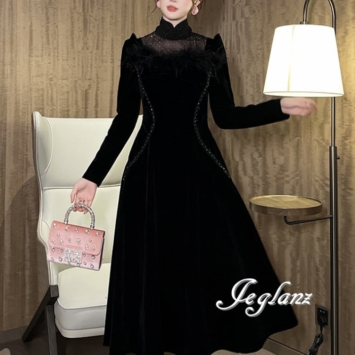 ベルベット調 ワンピース ドレス フェザー レース 光沢感(MB302) η