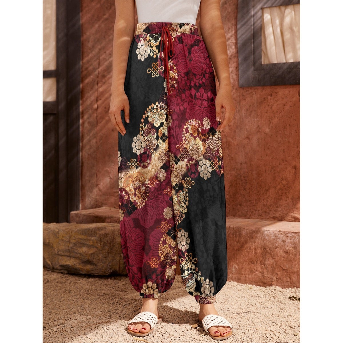 和柄ストライプ 赤 バルーンパンツ | Baroque Japanesque バロック