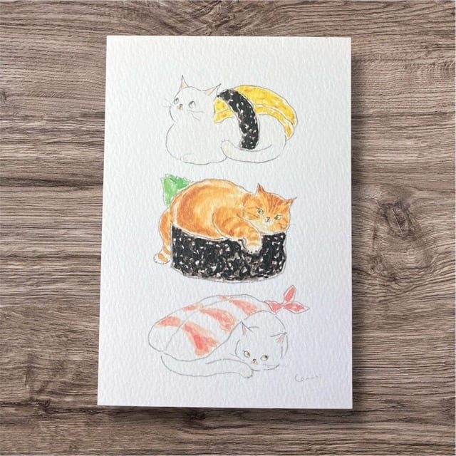 ほっぺた落ちるお寿司にゃんこポストカード | tocorocomugi store