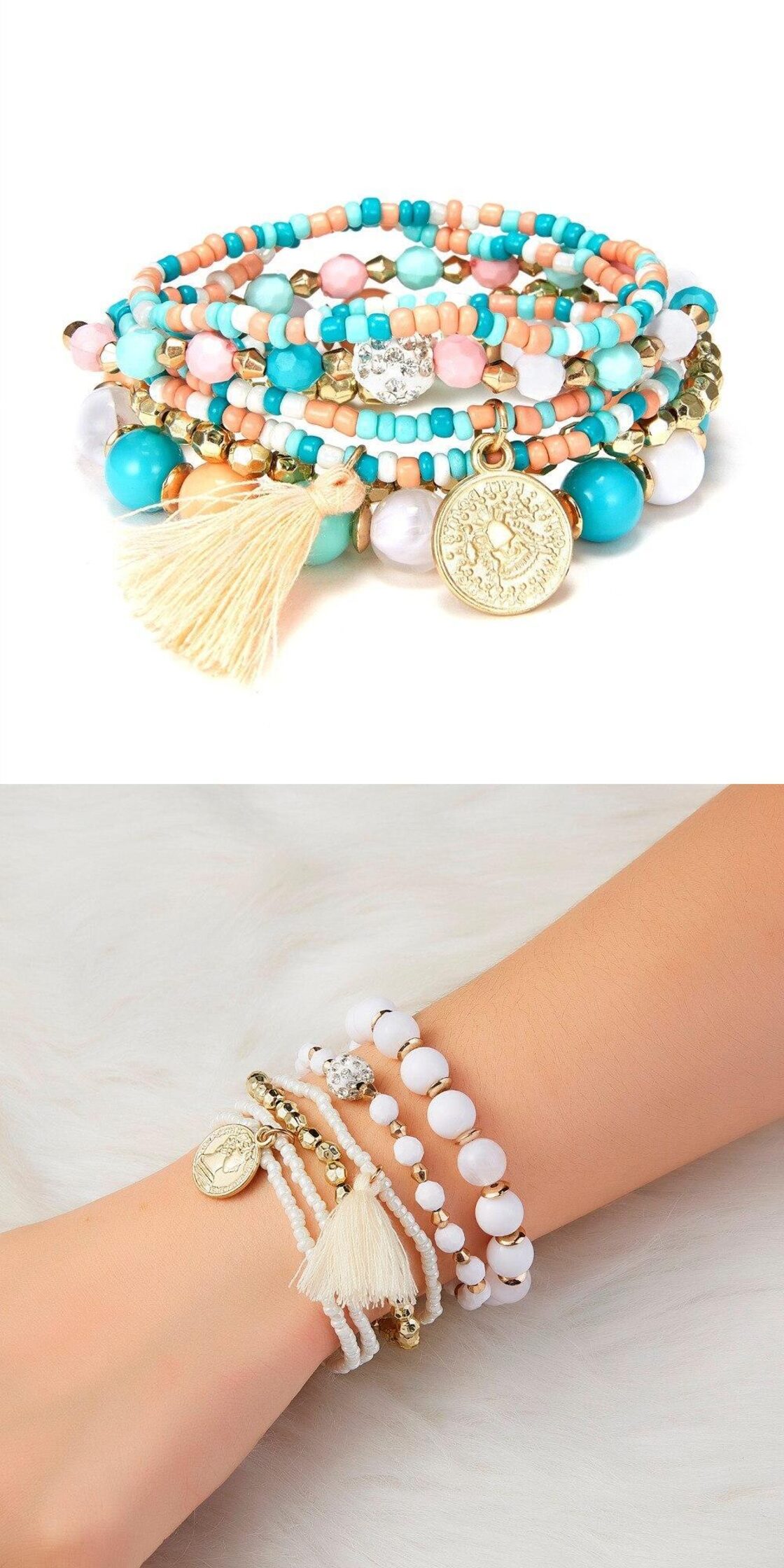 送料無料 女性ビーズブレスレット多層シードビーズコインチャームTelブレスレットセットリストバンドジュエリーパーティーギフト6個/セット  マルチレイヤー アクセサリー AE1332221616776078114 | Pay ID