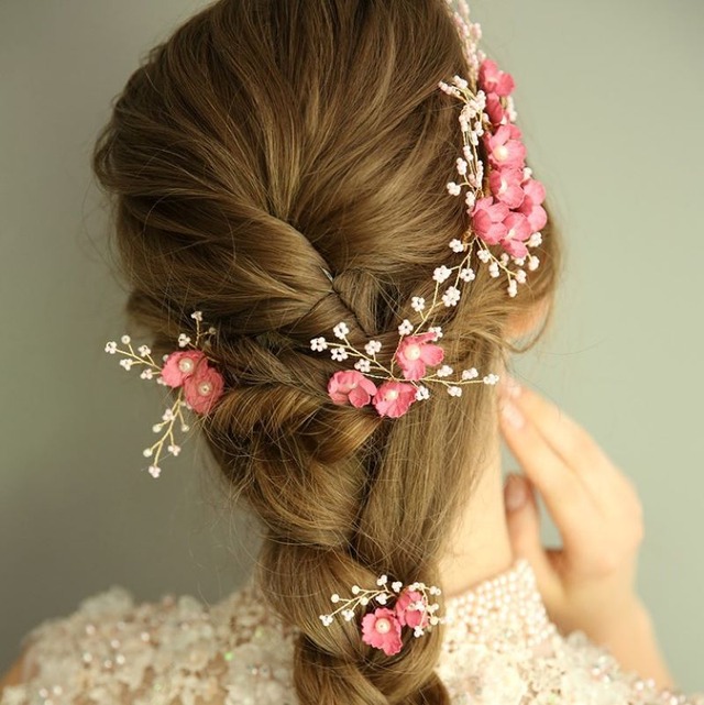 フェミニンピンクフラワーヘアアクセサリー５点set
