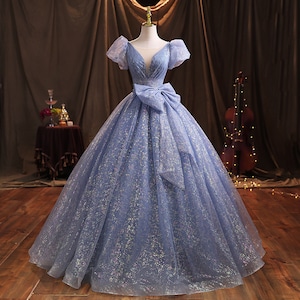 ブルー ウエストリボン プリンセス ロングドレス