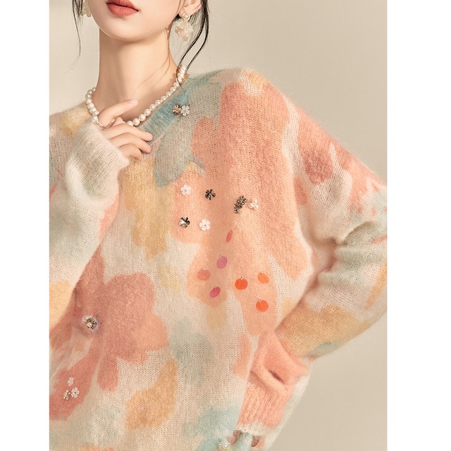 peach floral sequin & fuzzy sweater<t3143>