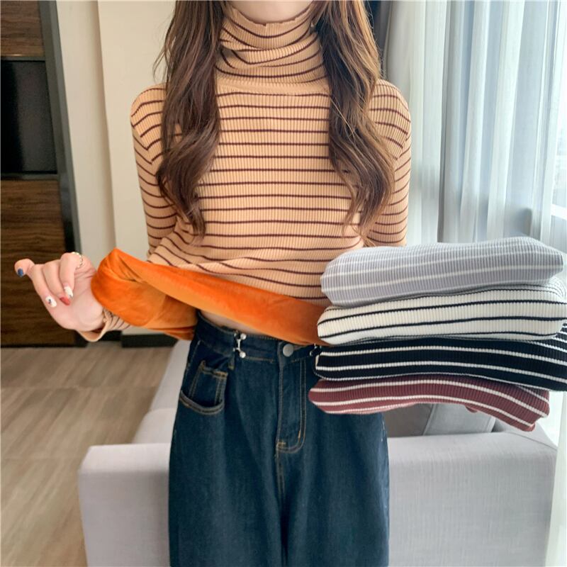 ニットセーター トップス オータムウィンタースタイルベルベットストライプシャツ ロング 秋物 冬物 1号婦人23857371456