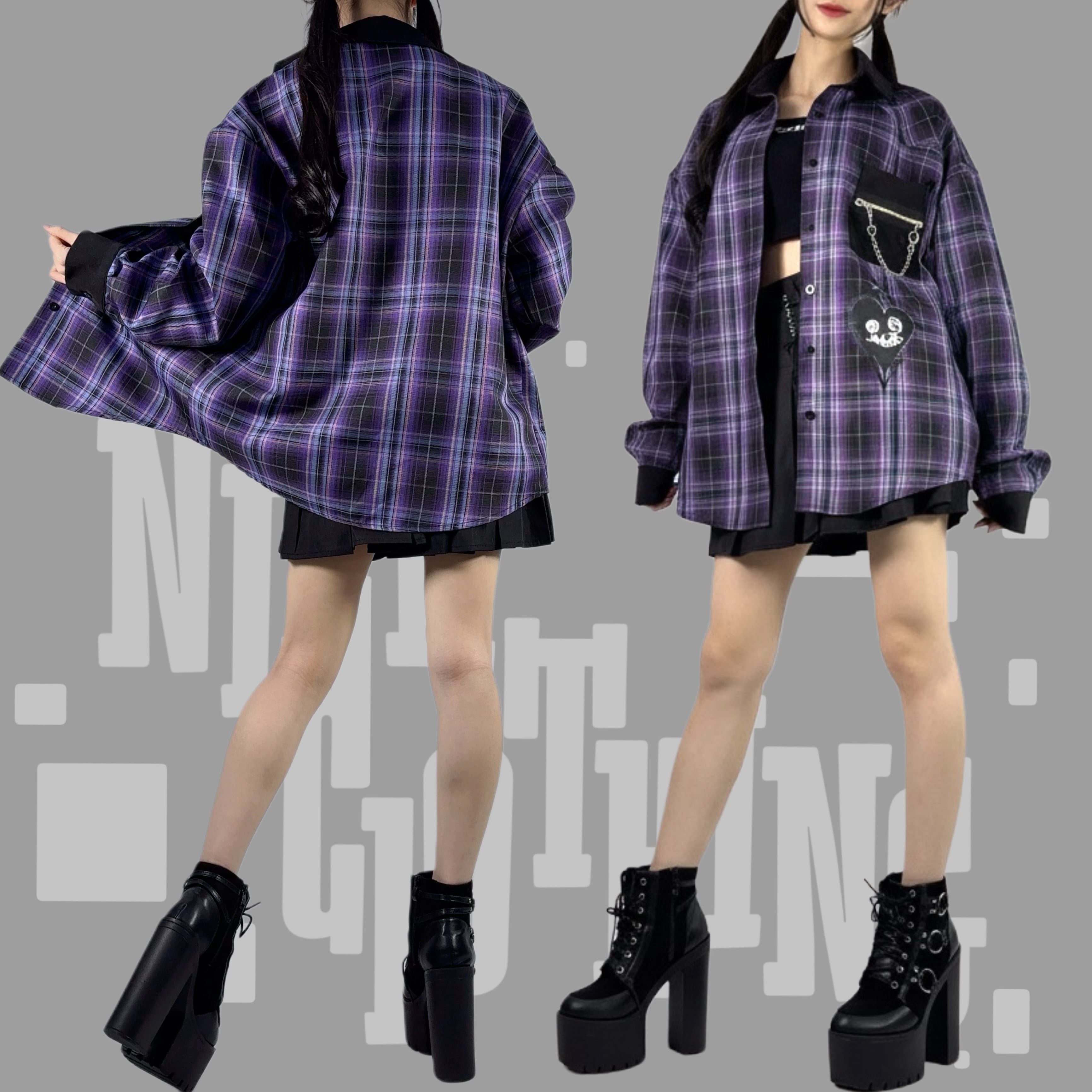 胸ポケット付きパープルチェックシャツ【取り外し可能チェーン