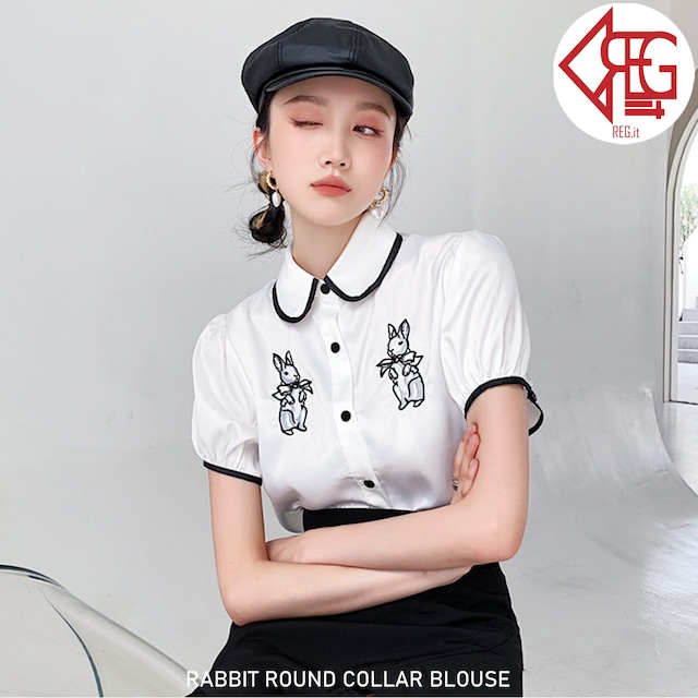 【REGIT】RABBIT ROUND COLLAR BLOUSE S/S 韓国ファッション トップス ブラウス シャツ 半袖 刺繍ポイント うさぎ 夏 個性的 10代 20代 着回し 着映え ネット通販 TPB025