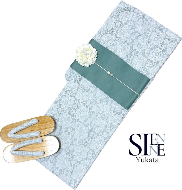 浴衣ジェンヌ 新作 高級 総レース浴衣5点セット 白レース×くすみブルー レース浴衣 半幅帯