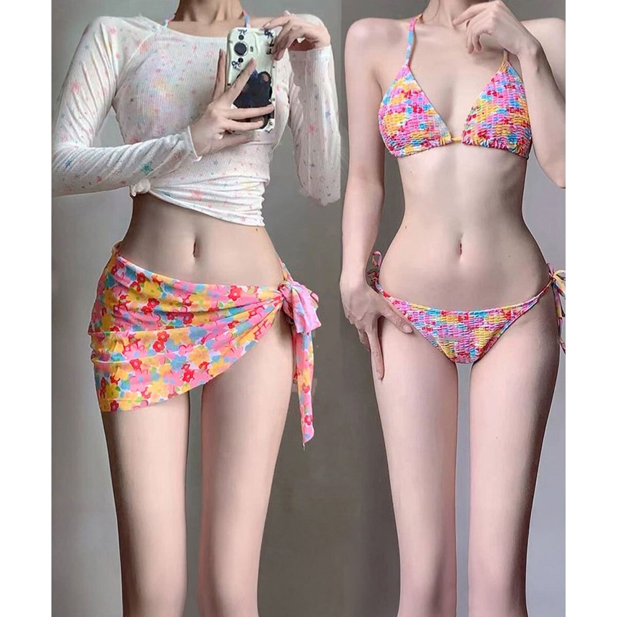 ビキニ 水着 4点セット レディース 夏 韓国 海水浴 プール レジャー セパレート水着 花柄 ビキニ水着 おしゃれ 大人 かわいい カラフル パレオ付き 大人可愛い 大人女子