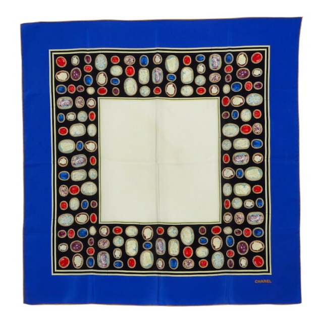 シャネル グリポア ジュエリー カボション柄 スカーフ 大判スカーフ ブルー ホワイト マルチカラー レディース CHANEL 中古