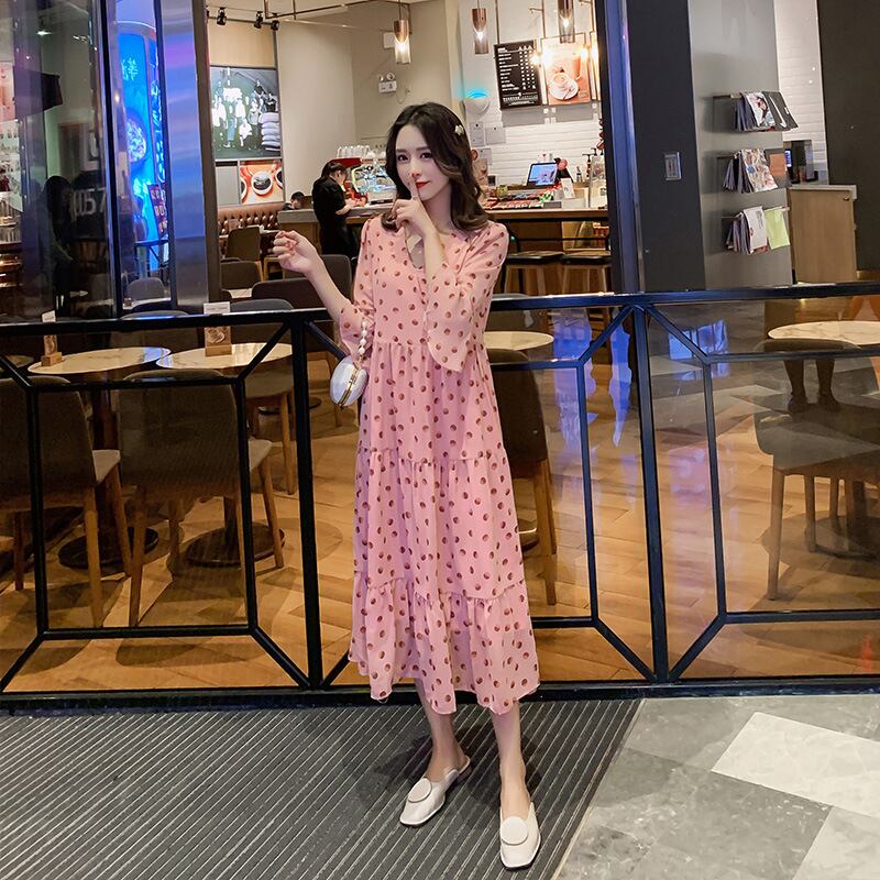 【新作】【送料無料】 マタニティドレス2019夏の新しいスタイルの半袖ドレスファッションシフォン水玉ミドル丈マタニティドレス-アリババ サマー 夏物 expec287516124001