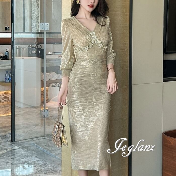 パーティ ワンピース ドレス シャイニー 刺繍 レース 光沢 7分袖(MB454)ζ☆