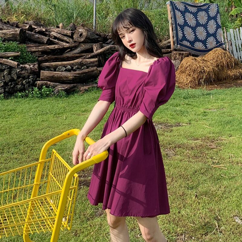 カラーウェストバンドスリムドレス パープル スクウェア YY-ファッション58036522143