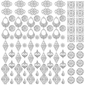 【人気】サムコス 約100個セット 透かし パーツ シルバー 四角 三角 花 月 雫 DIY ハンドメイド アクセサリー 金具 素材 ピアス イヤリング かんざし ビジュー 台座