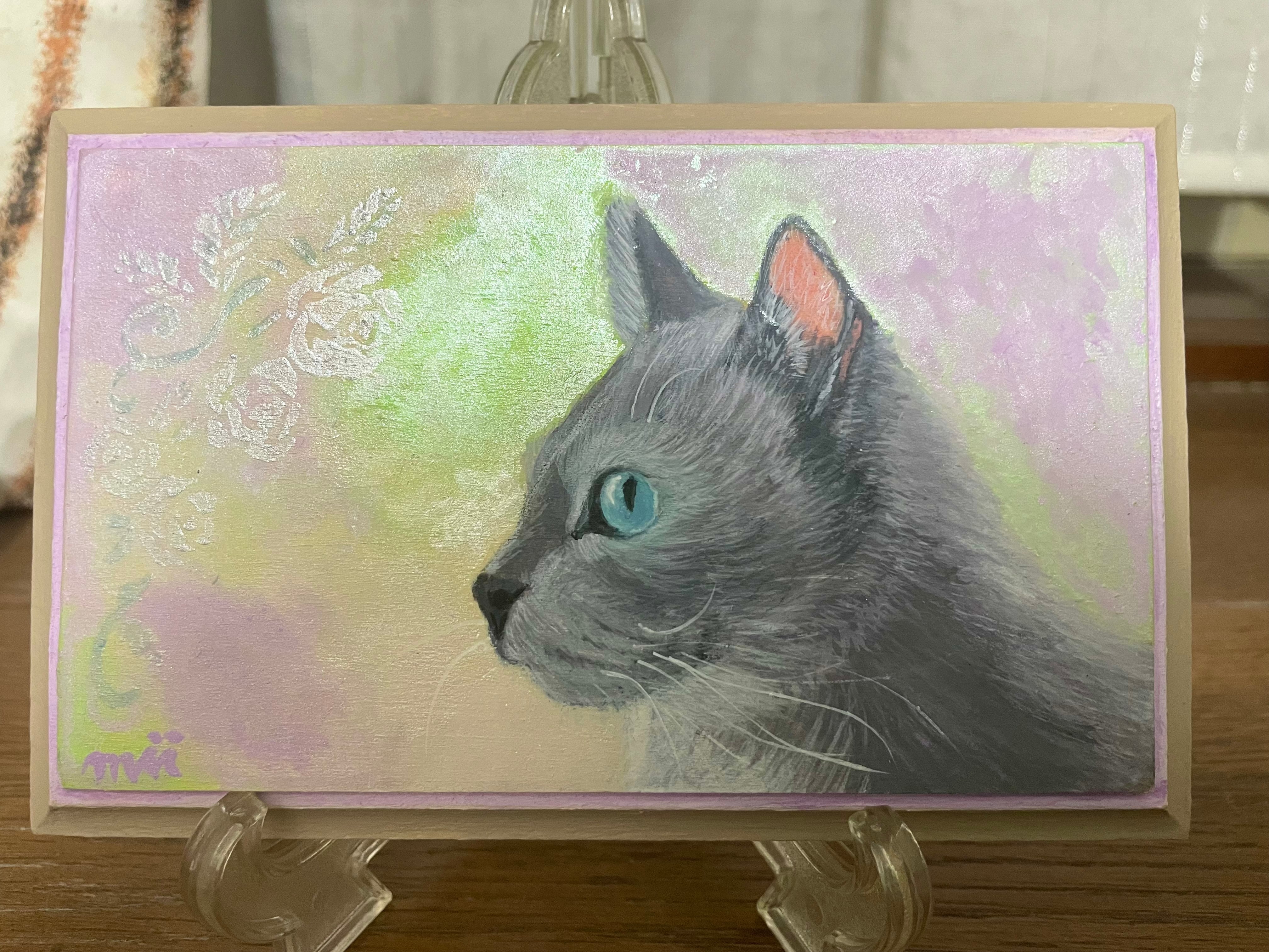 グレー ブルー ホワイト系抽象画 アクリル画 木製フレーム付き F4