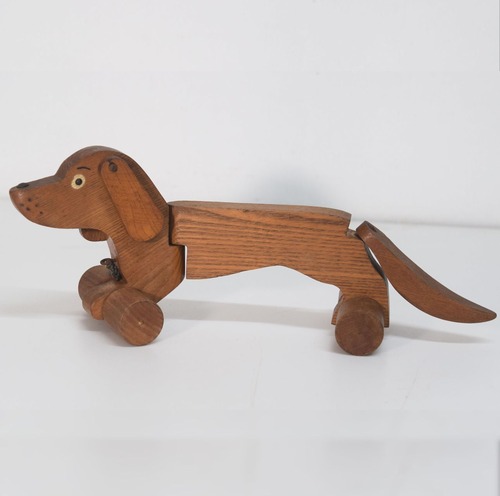 ヴィンテージ　ドイツ製　犬の引き車　プルトイ　ダックスフント　木のおもちゃ　検：Holzspielzeug