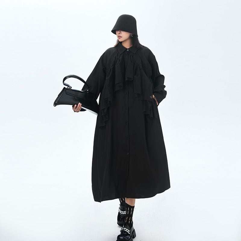 BLACK FRILL TRIMMED LONG SLEEVES MIDI SHIRT DRESS 1color M-14557