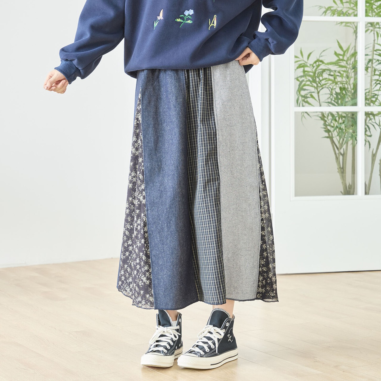 【SALE 13%OFF 4/3 10:0まで】TRUBE パッチワークフレアスカート【M~L】 デニムブルー