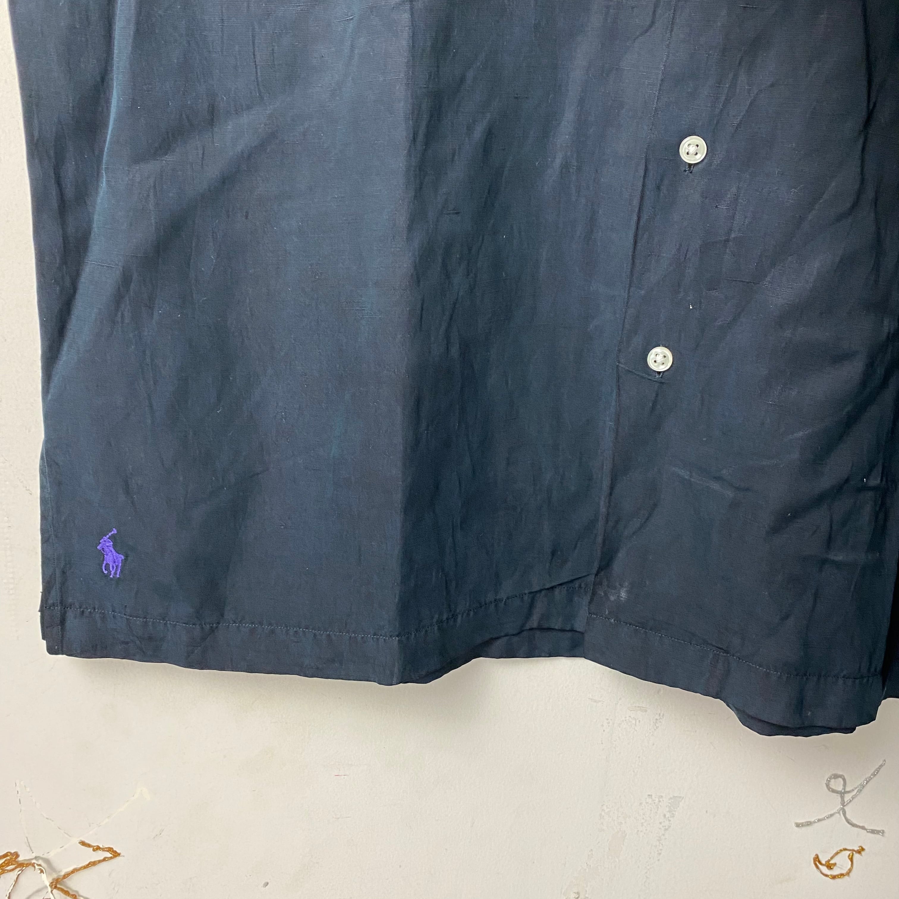 vintage POLO by RALPH LAUREN “black” open collar silk × linen
