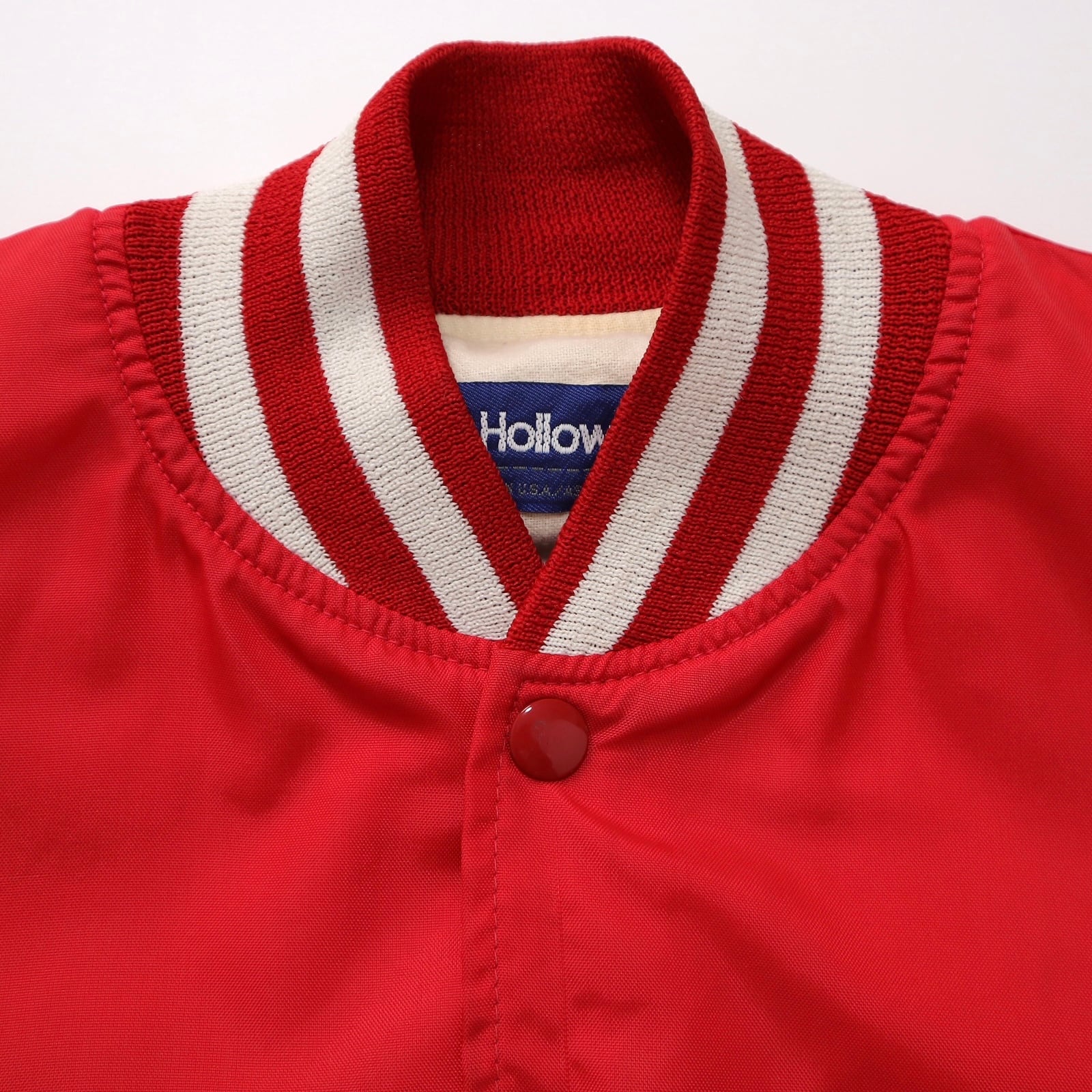 90s Holloway チェーンステッチ 刺繍 ナイロン スタジャン アワードジャケット バーシティジャケット ブルゾン USA製 赤 レッド 古着  ヴィンテージ ビンテージ 90年代 メンズL相当 表記M 22120403