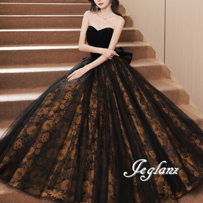 パーティ イブニングドレス ベアトップ 編み上げ 背中 リボン 肌見せ(M8654)ε