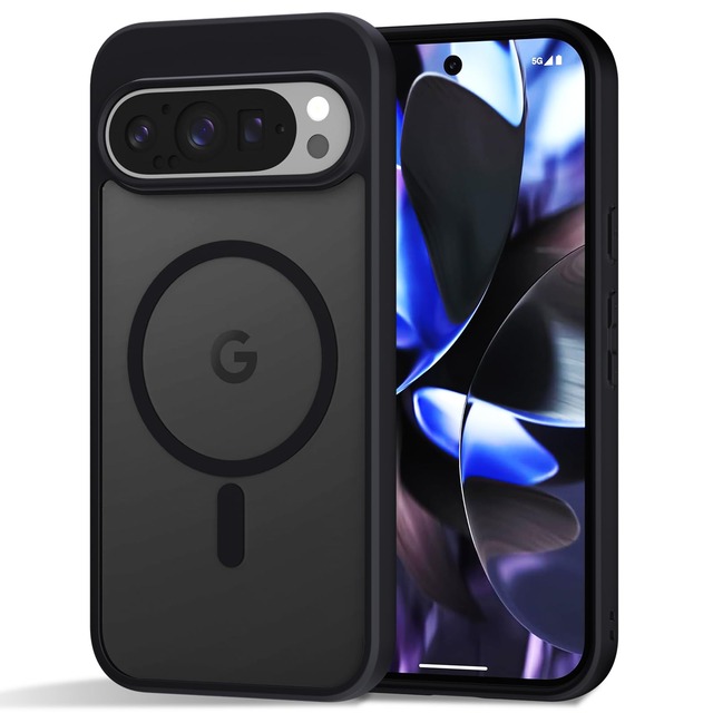 Tikfrlo Google Pixel 9 / 9 Pro 用 マグネット ケース MagSafe対応 半透明 マット背面 ソフト TPU + ハード PC 四隅强化保護 耐衝撃 全面保護 ワイヤレス充電対応 黄変防止 薄型カバー カメラ・画面保護あり 指紋防止 マグセーフ対応 ストラップホール付き グーグルピクセル9 / 9 Pro 用 スマホケース ブラック