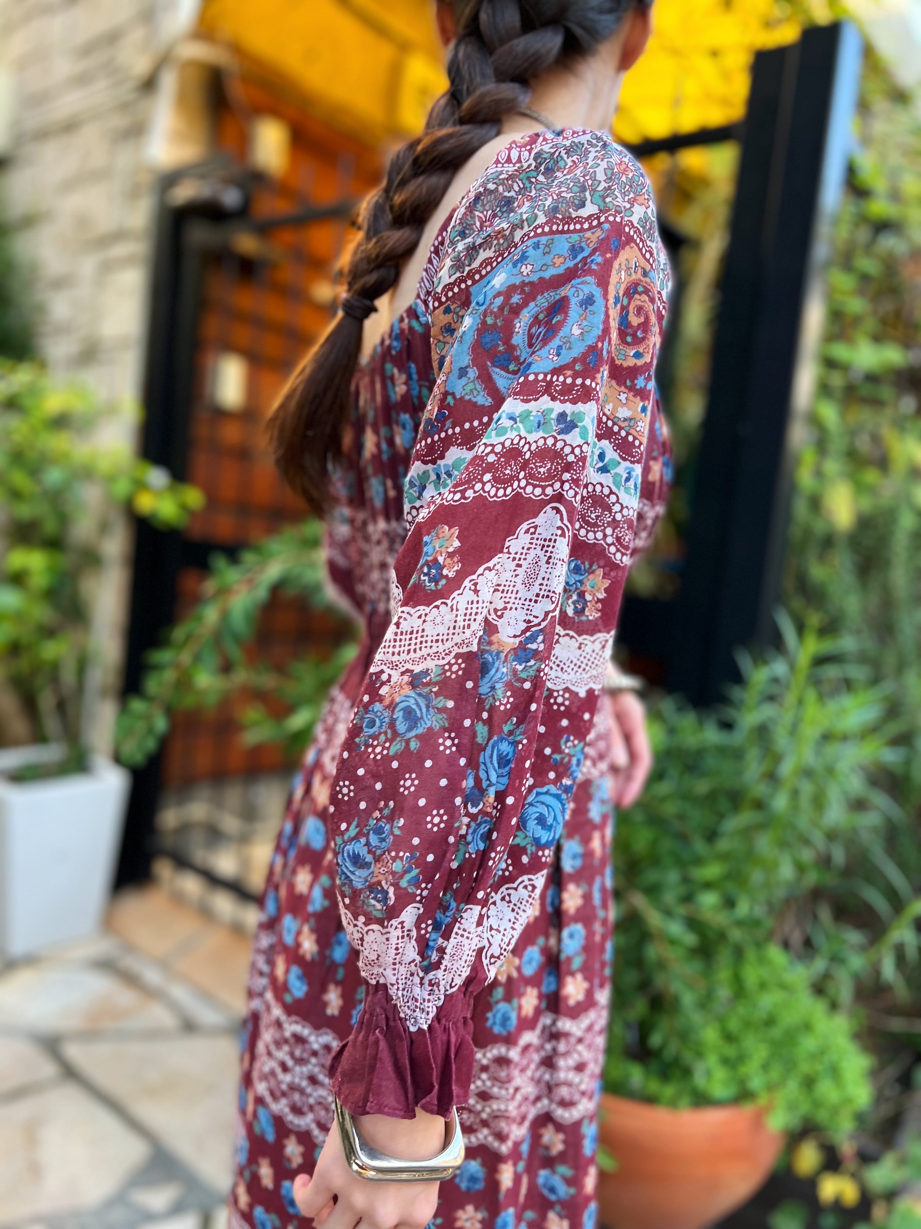 70s wine red floral & lace cotton dress ( ヴィンテージ ワイン  