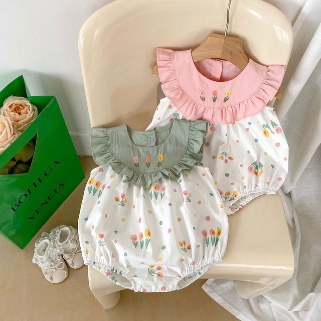 【BABY】フラワー刺繍フリルノースリーブボディスーツ - 19