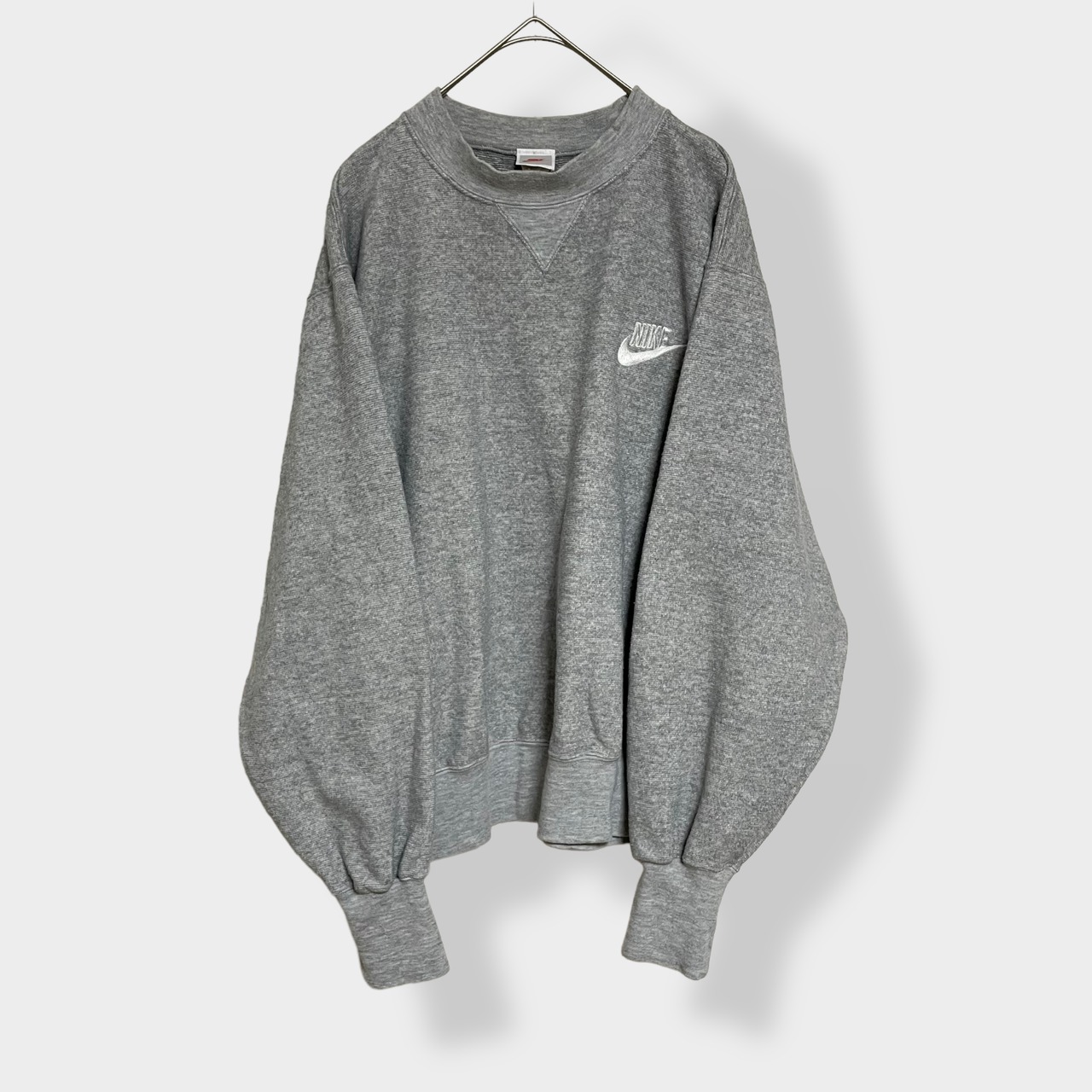 【NIKE】90s 日本製 銀タグ 刺繍 ロゴ スウェット トレーナー プルオーバー 極太アーム 長めリブ 脇リブ グレー L ナイキ オールド ビンテージ US古着