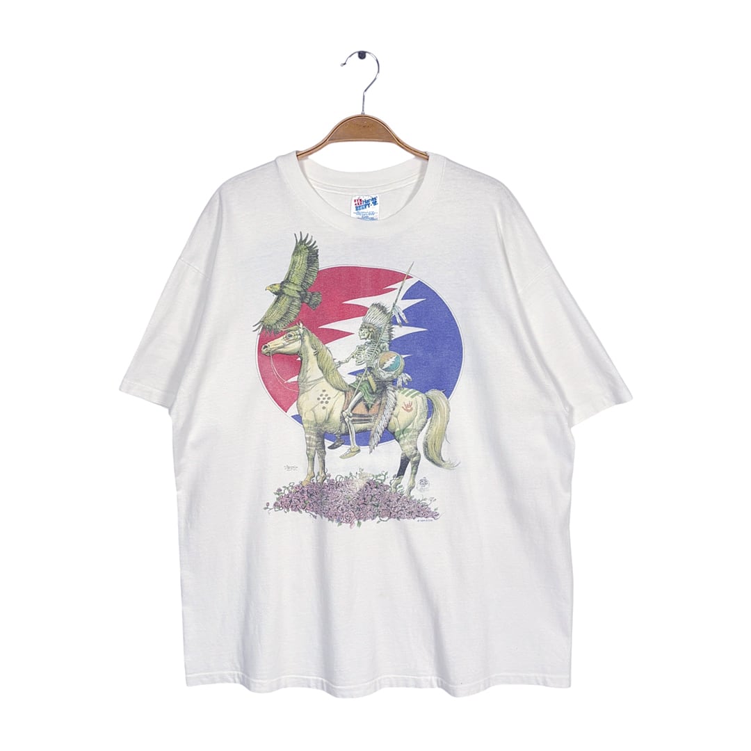 90s グレイトフルデッド USA製 ヴィンテージ Tシャツ スカル インディアン ロックT バンドT GRATEFUL DEAD ホワイト シングルステッチ HANES ヘインズ サイズXL AA0045