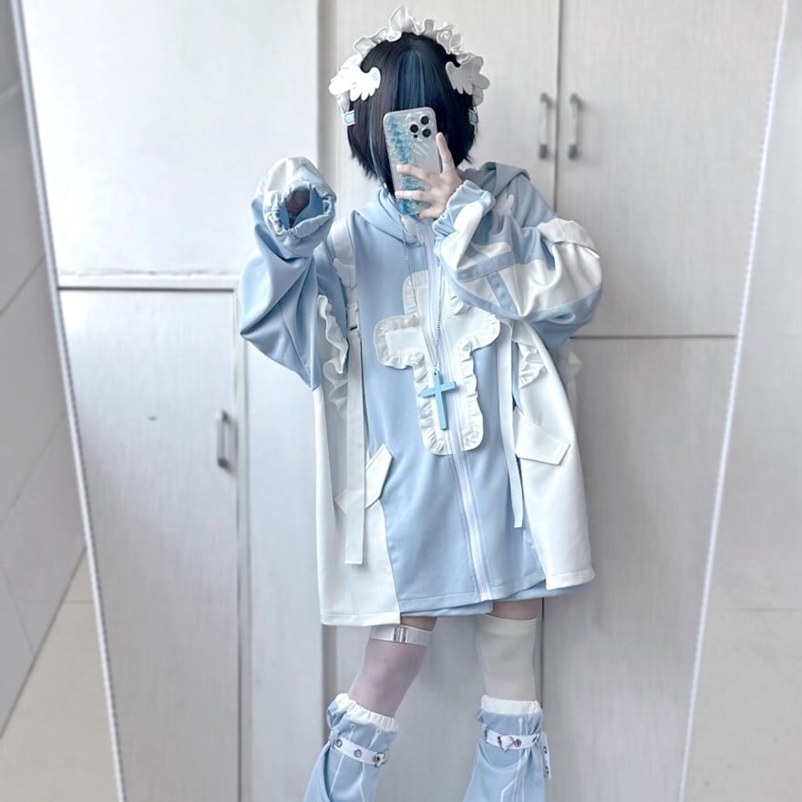 水色ロリィタ 天使界隈 ジャケット 量産型 十字架 フリル | ゴスロリ