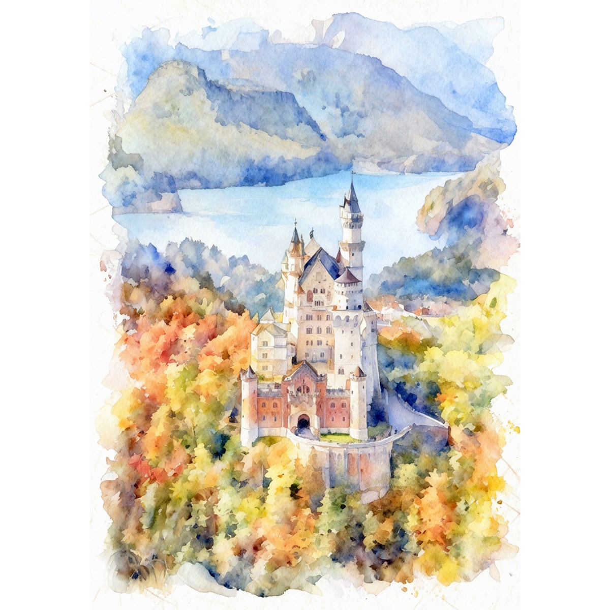 絵画 風景画(街並み) 秋 ドイツ 紅葉のノイシュバンシュタイン城 インテリアアート額付き 水彩画・油絵風 WAT1627