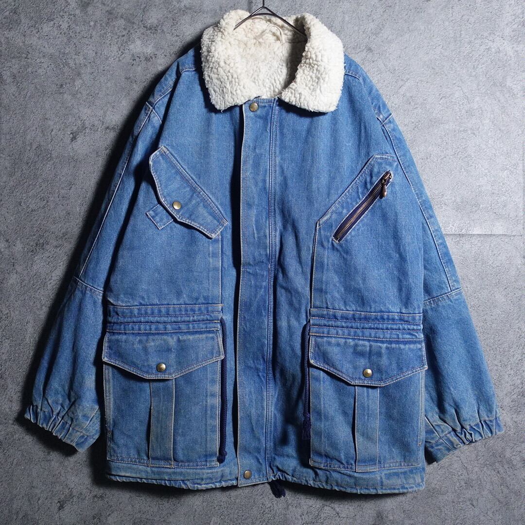 80s EURO Four pocket design boa denim jacket