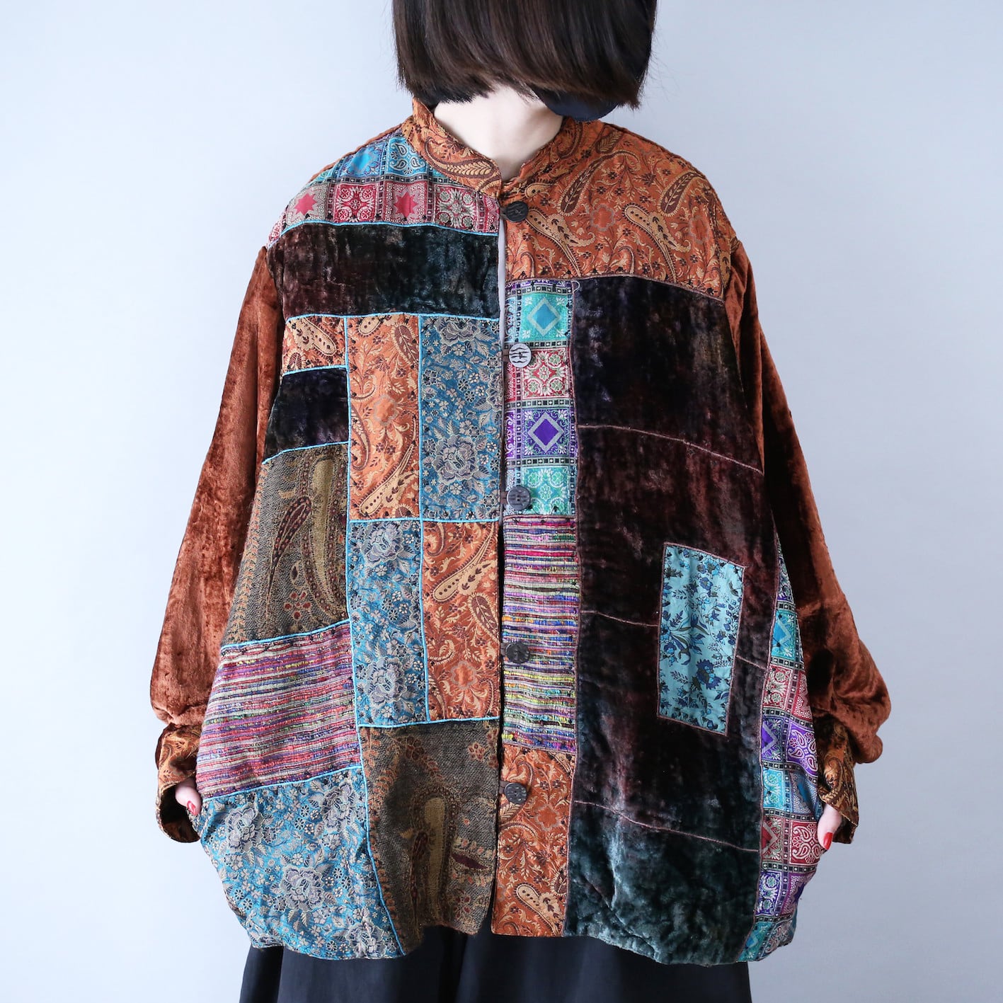 multi fabric switching design mao-collar china motifshirt jacket