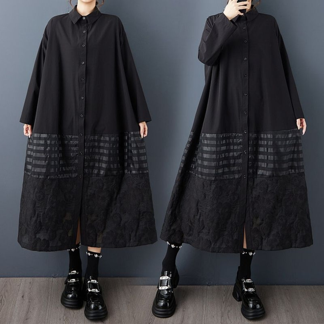 ストライプ切替 ロング シャツワンピース  00106