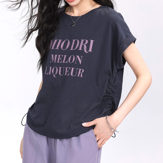 サイドドローストリングデザイン　プリント半袖Tシャツ　ネイビーブルー　S0036 　