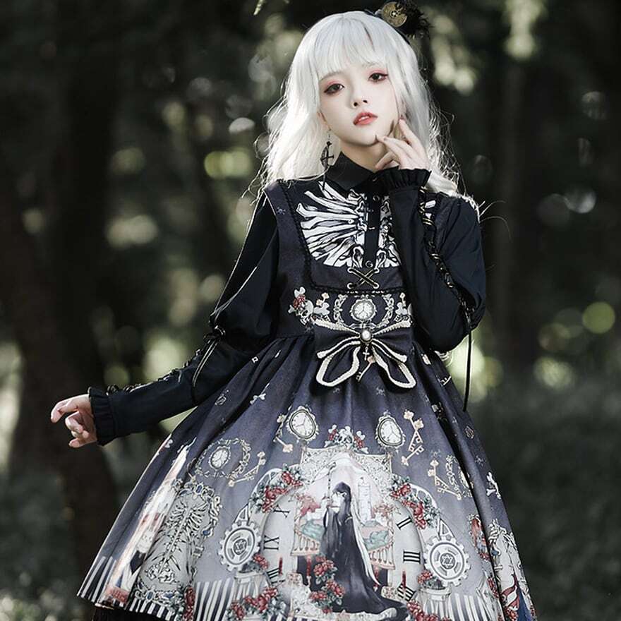 ゴスロリ ブラウス ブラックM スケルトン プリント柄