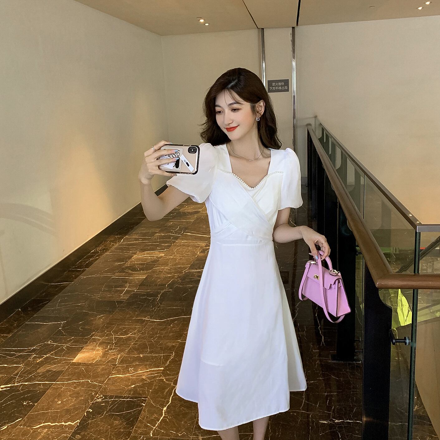 サマースタイルウェストドレス ホワイトAラインスカート 夏物 6Du_Shop_Women7692274095