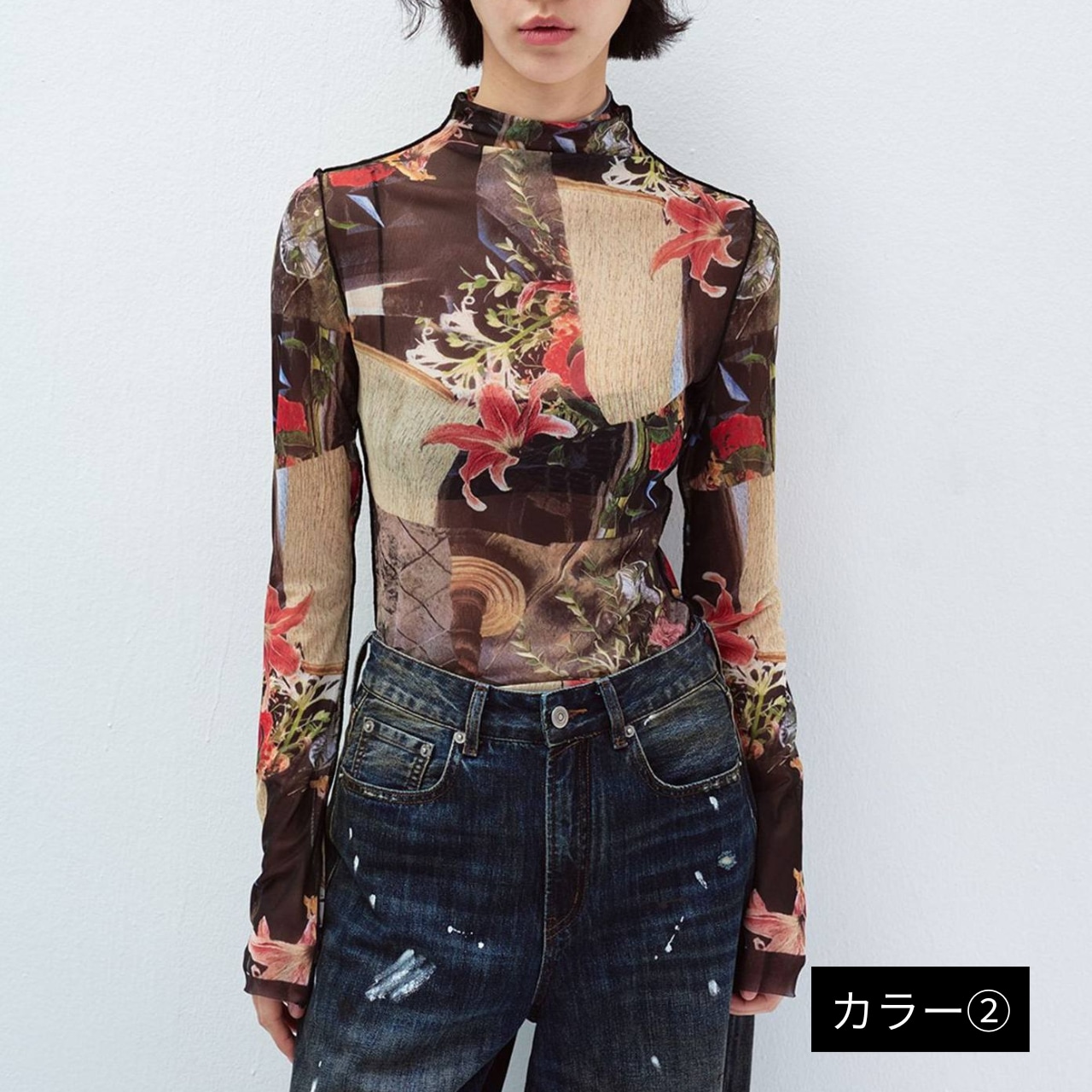 floral high-neck cut-and-sew T4355