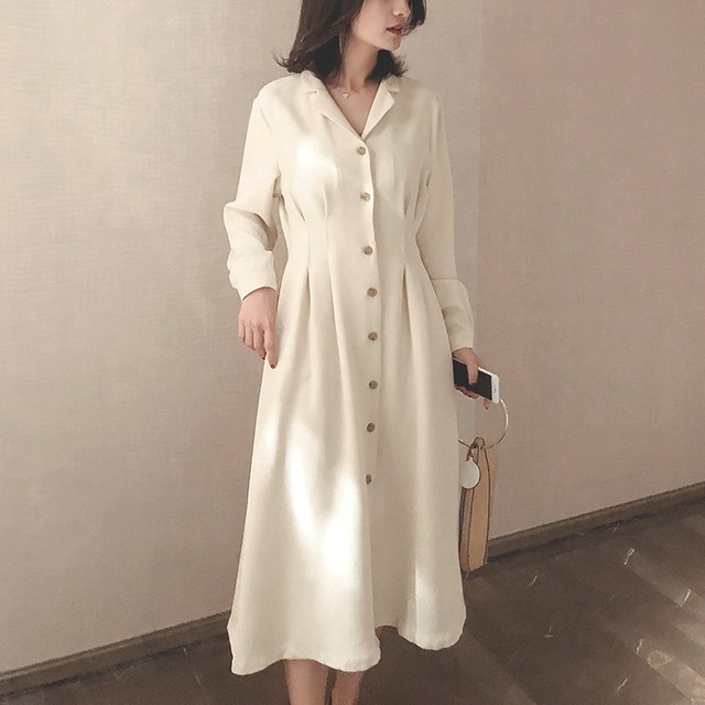 レトロワンピース 長袖 ひざ丈 フレア 襟付き Vネック レディース 春秋冬 きれいめ 通勤 オフィス おでかけ W157 La Vie En Rose