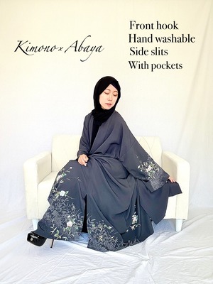 (Kimono×Abaya size L)Charcoal gray color, camellia pattern