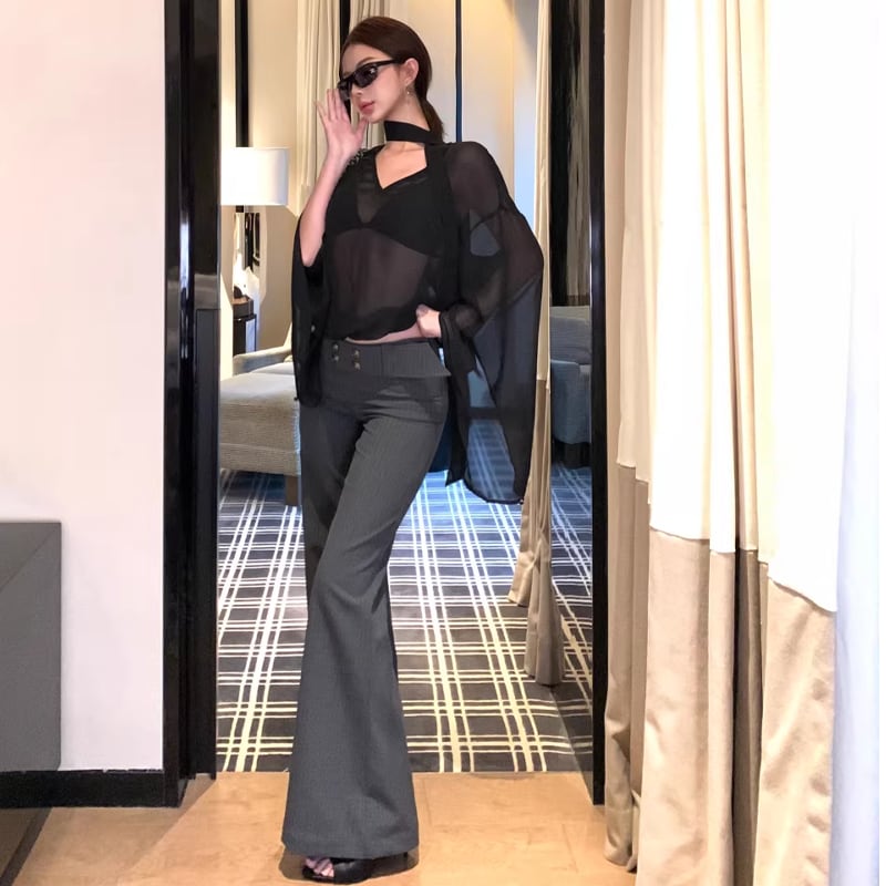 【set】スカーフ付き透け感チュールトップス×ストライプ柄パンツセット Q8056