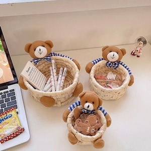 【3pics set】check bear rattan basket / チェック ベア ラタン バスケット 3点セット トレー 収納 小物入れ 韓国 インテリア 雑貨