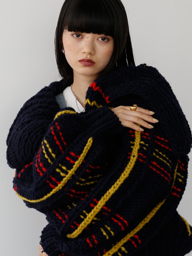 handmade check knit cardigan（navy）