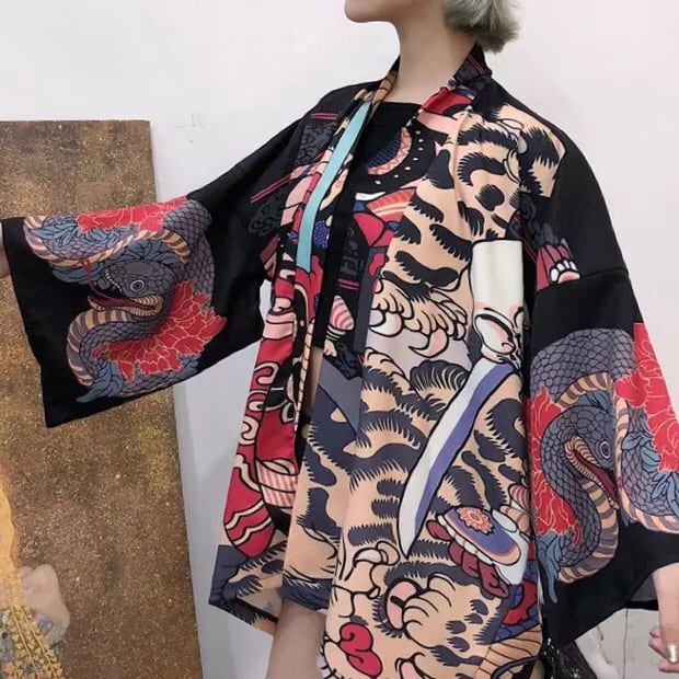 鬼柄 羽織 】ukiyoe style - oni & tiger & snake - Japanese modern