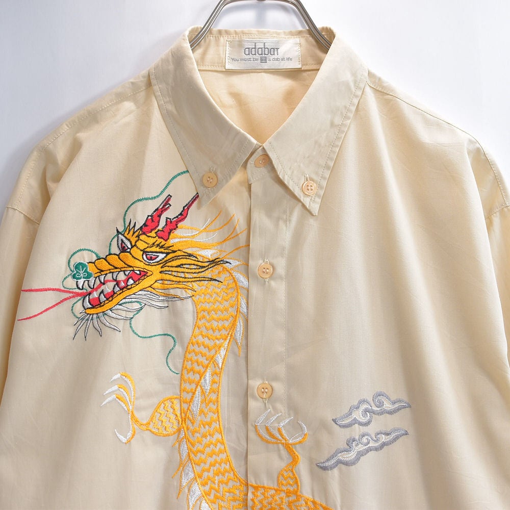 90~00s adabat 昇り龍 ドラゴン 刺繍 デザイン ボタンダウン スカシャツ ヴィンテージ 長袖 ベージュ ビンテージ アジアン 古着 メンズL相当
