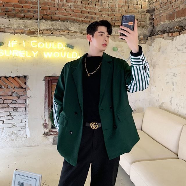 【予約販売】ジャケット メンズ テ テーラードジャケット 切り替え ストライプ柄 アウター グリーン きれいめ こなれ感 お洒落 韓国トレンド 春 秋 M/L/XL