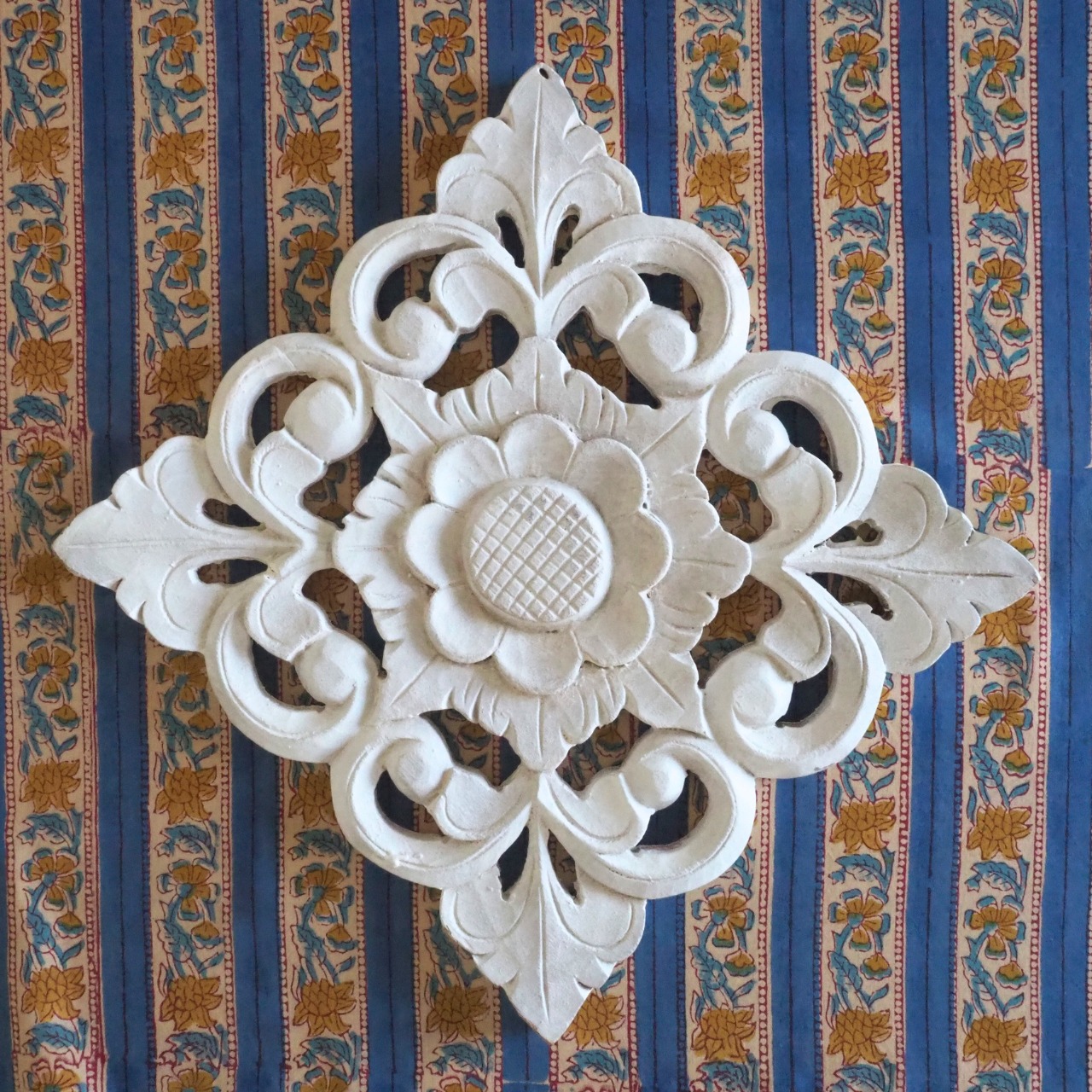 ブロックプリント生地【50cm単位】インド綿  ストライプ柄 ブルー×黄色 #52716-BL3